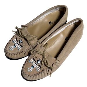 Steve‎ Barrys Women Tan Suede Beaded Moccasins Loafers Size 7